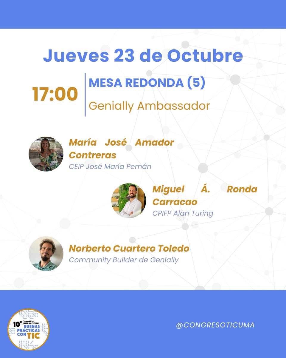 CongresoTicUMA's tweet photo. Mesa redonda(5): Genially Ambassador
- María José Amador Contreras @majose1b 
- Miguel Á. Ronda Carracao @profeonfire 
- Norberto Cuartero Toledo

#CongresoTicUMA
#CongresoTIC2025
#BuenasPrácticasTIC
#TecnologíaEducativa
#UMA
#Málaga
@InnoEducaUMA @Educacion_UMA @UNIAuniversidad https://t.co/8OaFVlQYtO