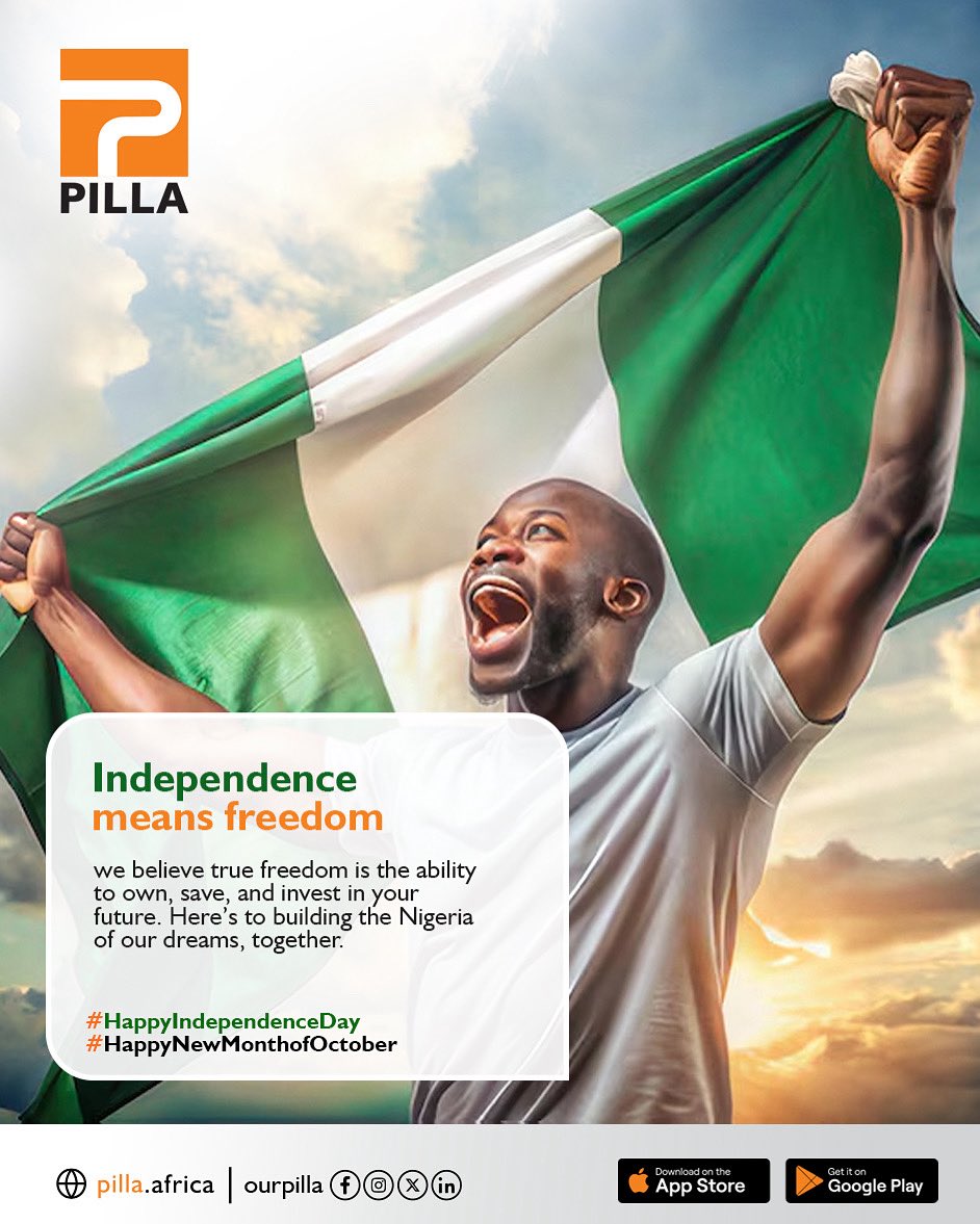 Independence is sweet. But financial independence? Even sweeter.
This October 1st, let’s celebrate freedom to save, to invest, to build our dreams. 💚🤍💚 #Pilla #NigeriaIndependenceDay #FinancialIndependence #October