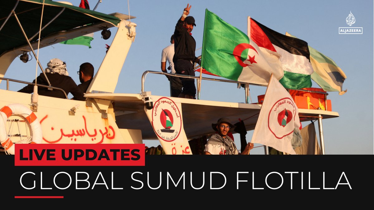 AJEnglish's tweet photo. Israel has sworn to stop the Gaza-bound 'Global Sumud Flotilla', claiming the volunteers are trying to “breach a lawful naval blockade” - but international law is clear on allowing humanitarian aid through.

🔴 Follow our LIVE coverage: https://t.co/jChLyfORzy https://t.co/LHw0kyeWi0