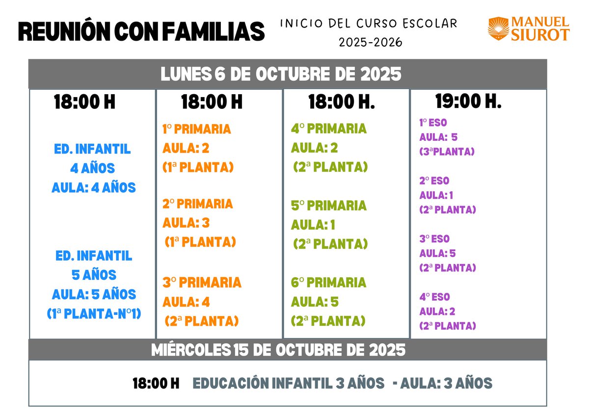 Reuniones de inicio de curso 2025-2026 con las #Familias 

Las reuniones se desarrollarán según el siguiente calendario ✅

¡Os esperamos!