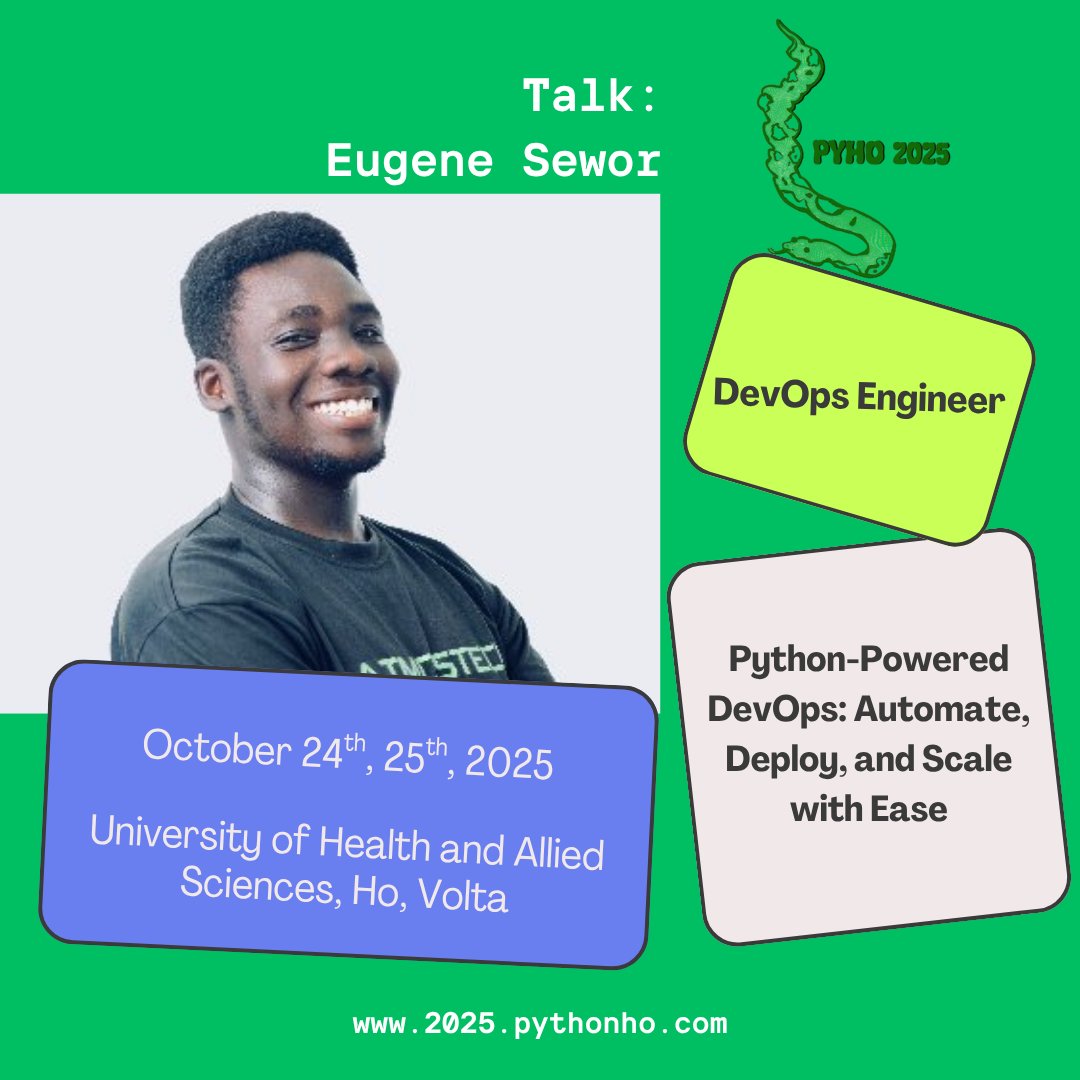 PythonHo's tweet image. Yes! #Python does powers everything some.

Meet @_eugene_dev a DevOps engineer yet again telling it as is #Python's super power in DevOps.

Come let's discover DevOps workflows.

📅 October 24–25, 2025.

-- Don’t miss out