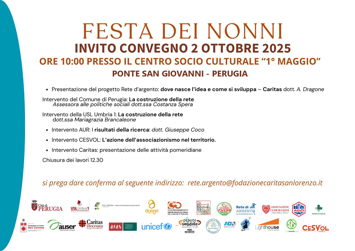 Festa dei Nonni – Perugia
2 ottobre 2025 - ore 10:00
Centro Socio Culturale “1º Maggio” 
Ponte San Giovanni – Perugia
Vai al comunicato stampa (tinyurl.com/5a8wx6sj)
agenziaumbriaricerche.it
#agenziaumbriaricerche #aur #umbria #sociale  #festadeinonni  #caritas #comunediperugia