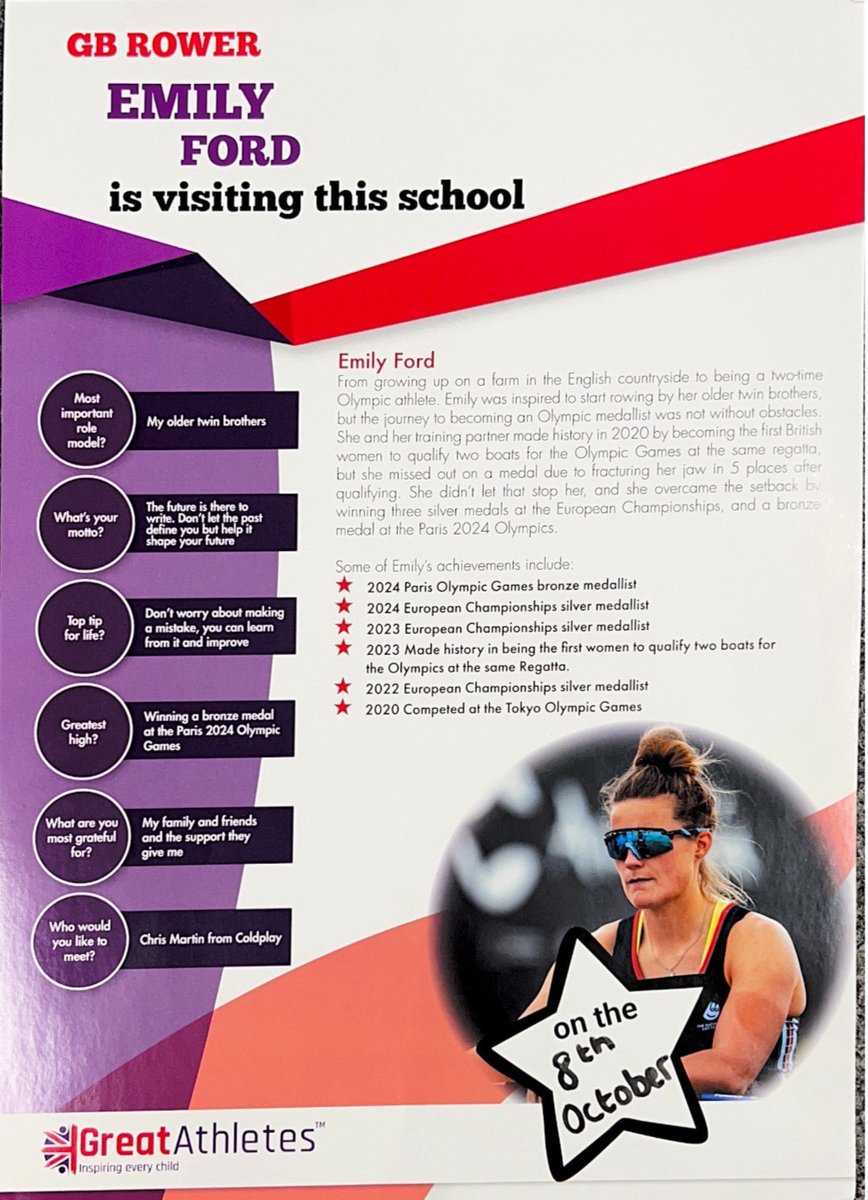 On the 8th of October our children will get to spend time with Emily Ford an Olympic athlete who received a Bronze medal at the 2024 Summer Olympics. Sponsor forms have been sent home, money raised will be used for PE equipment for our children <a href="/FocusTrust1/">Focus Trust</a> <a href="/greatathletesuk/">Great Athletes</a>