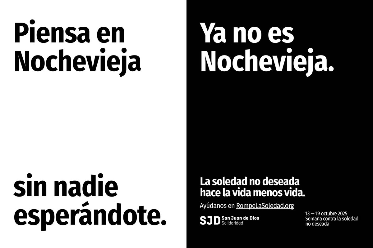 En Europa más de 30 millones de personas aseguran sentirse solas, y una de cada cuatro admite sufrir #SoledadNoDeseada.

👉Para paliarla, en San Juan de Dios lanzamos la Semana contra la soledad no deseada, del 13 al 19 de octubre  

#RompeLaSoledad - RompeLaSoledad.org