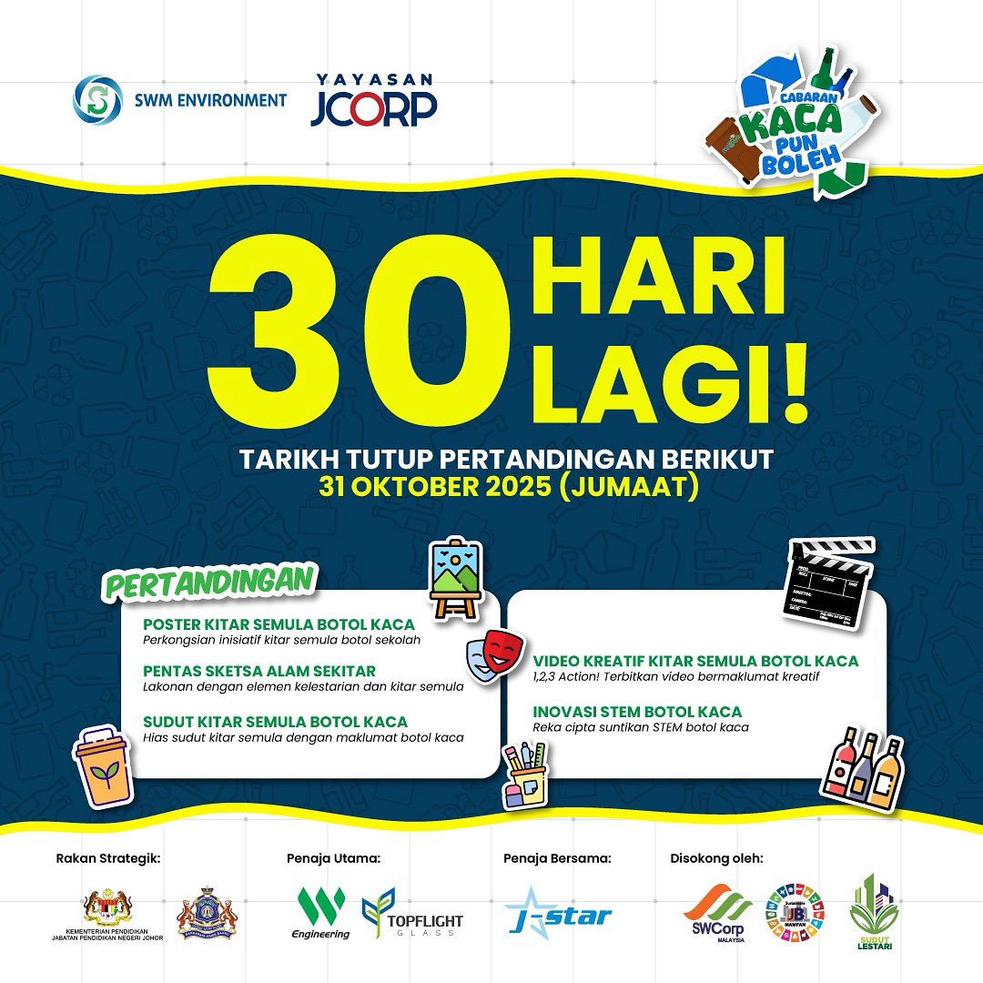 swmenvironment's tweet photo. #Johor | Wira-Wira Botol Kaca sekalian!

Anda ada 30 hari lagi menjelang tarikh tutup pertandingan poket Cabaran Kaca Pun Boleh pada 31 Oktober 2025 nanti. 

Laman Google Site Cabaran Kaca Pun Boleh akan aktifkan pautan bagi penghantaran penyertaan pada 10 Oktober 2025. https://t.co/xpk0DTAazQ
