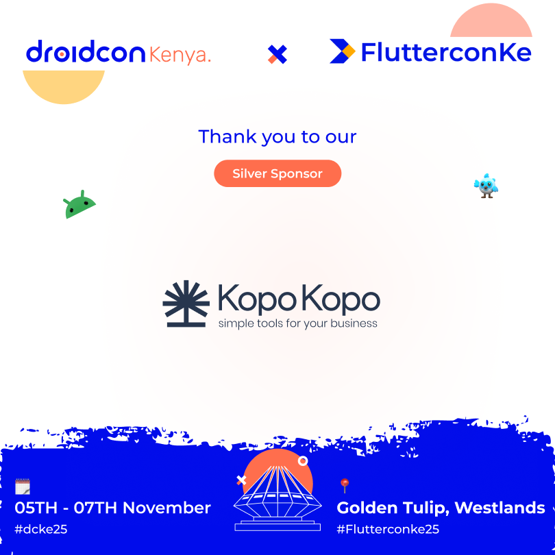 droidconke's tweet image. 🎉Thrilled to welcome @KopoKopoInc as a Silver Sponsor of Droidcon × Fluttercon Kenya 2025!
KopoKopo builds simple payment tools that help businesses grow. Now they're helping us bring Android, Kotlin & Flutter devs together under one roof 🚀
Date: Nov 5-7, 2025
Venue: Golden…