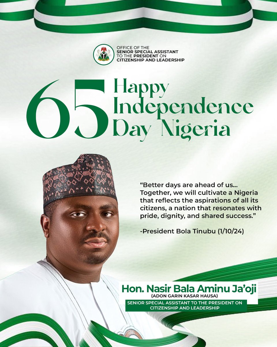 Happy 65th Independence Day, Nigeria! 🇳🇬

Today, we celebrate our great nation’s 65th Independence anniversary — a moment to reflect on our journey, honor our resilience, and recommit ourselves to building a Nigeria of pride, dignity, and shared prosperity.

As citizens, let us