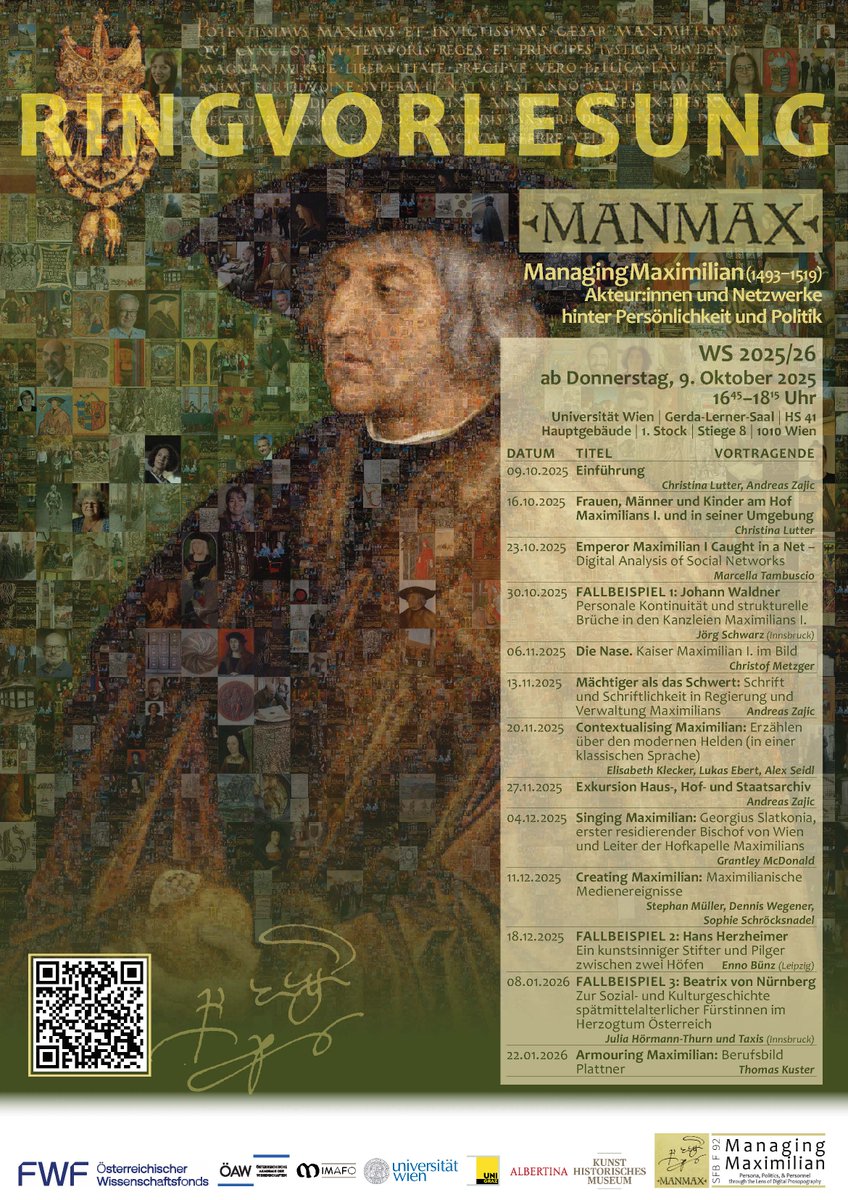 Pünktlich zum Semesterbeginn kann der SFB #ManagingMaximilian das vollständige Programm für seine Ringvorlesung an der <a href="/univienna/">Universität Wien</a> präsentieren. Weitere Informationen dazu unter: manmax.hypotheses.org/5983

<a href="/imafo_oeaw/">IMAFO</a> <a href="/ManMaxSFB9200/">SFB ManMax Project</a>