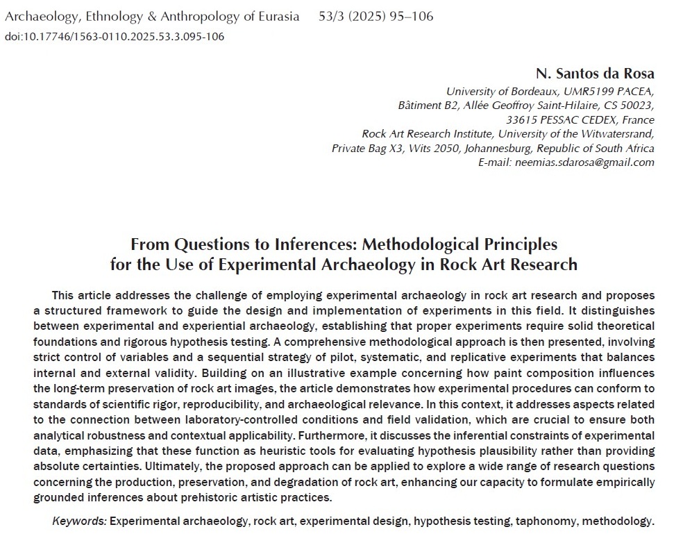 🚨New article published in Archaeology, Ethnology &amp; Anthropology of Eurasia! 
"From Questions to Inferences: Methodological Principles for the Use of Experimental Archaeology in Rock Art Research"
If you’re interested in this topic, DM me your email and I’ll share a personal copy