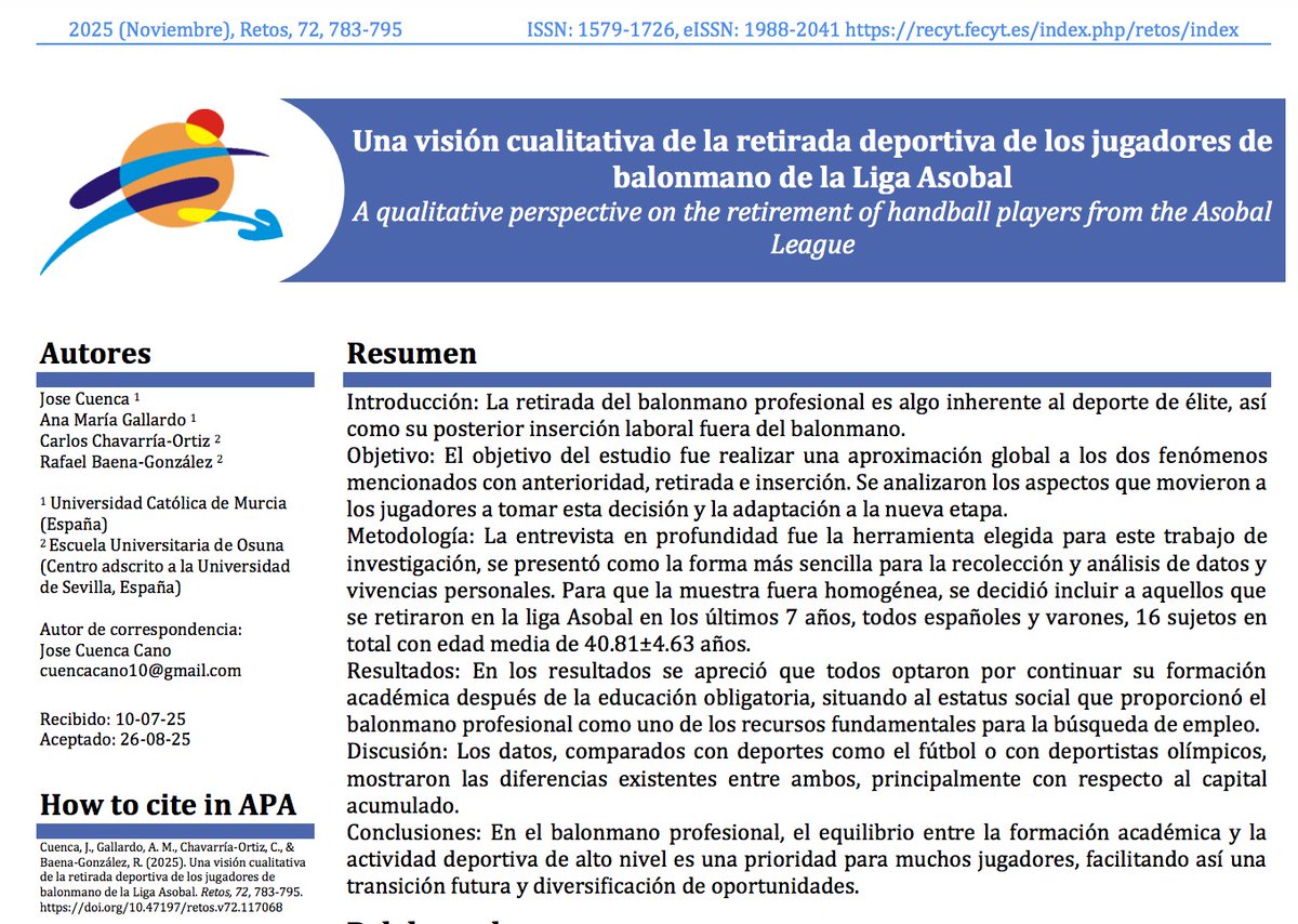 📢📖Nueva publicación de nuestro doctorando <a href="/Cacuen10/">José Cuenca Cano</a> Gran trabajo!
Una visión cualitativa de la retirada deportiva de los jugadores de balonmano de la liga Asobal
<a href="/RafaBaenaG/">Rafael Baena</a> #CarlosChavarria
<a href="/GDOT_UCAM/">GDOT UCAM</a> <a href="/UCAM_CAFD/">UCAM Facultad de Deporte</a> <a href="/UCAM_Investiga/">Vicerrectorado de Investigación UCAM</a> <a href="/euosuna/">Escuela Universitaria de Osuna</a>