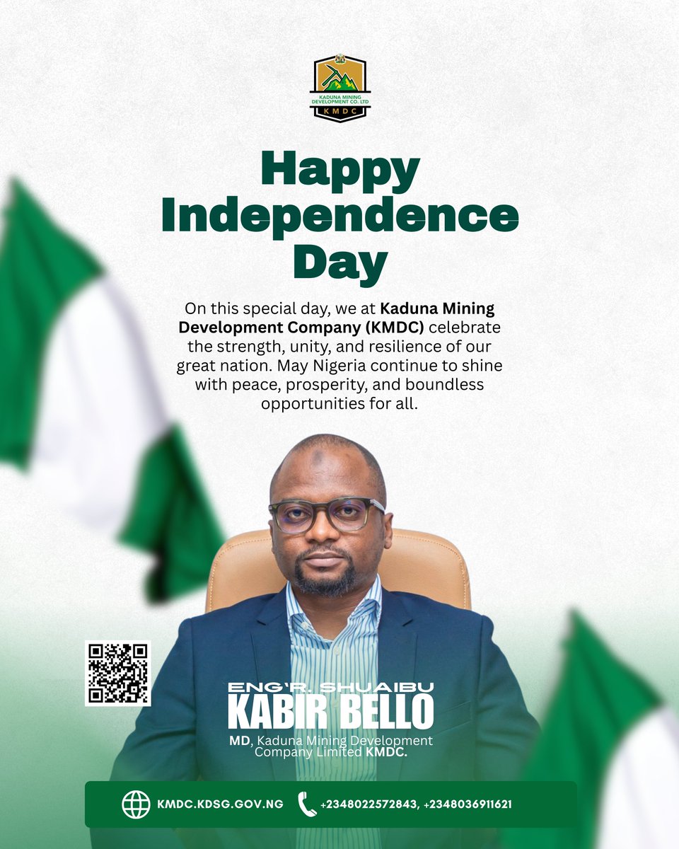 KMDC_kdsg's tweet photo. On this Special Day, we at Kaduna Mining Development Company @KMDC_kdsg  celebrate the strength &amp; resilience of our great Nation. May Nigeria Continue to Shine with Peace, Prosperity &amp; boundless Opportunities for all. 
Happy Independence Anniversary. 

#KMDC #IndependenceDay https://t.co/MSVwOTCS3e