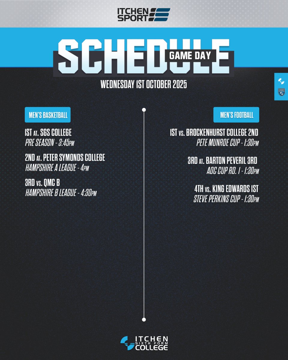 Itchen Sport (@itchensport) on Twitter photo It's game week number 2 for our academy squads and its just Men's Basketball and Football in action this week!
#ItchenSport #GameDay It's game week number 2 for our academy squads and its just Men's Basketball and Football in action this week!
#ItchenSport #GameDay
