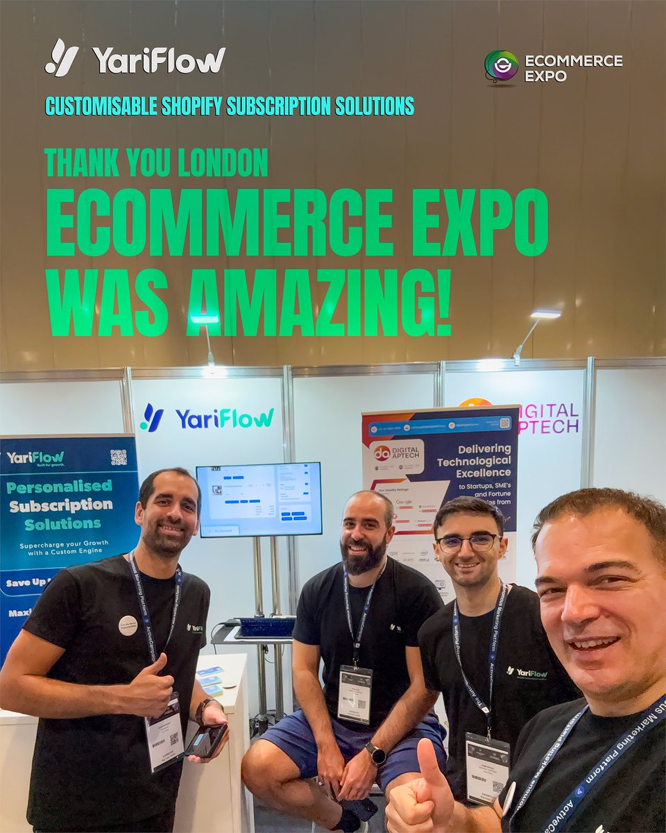 TheYariFlow's tweet image. What an incredible few days at #EcommerceExpo2025 🚀
Thanks to everyone who stopped by our pod to explore how Yari Flow powers scalable, customisable and affordable Shopify subscriptions.
@eCommerceExpo @yarilabs 
#Shopify #Subscriptions #EcommerceGrowth #YariFlow