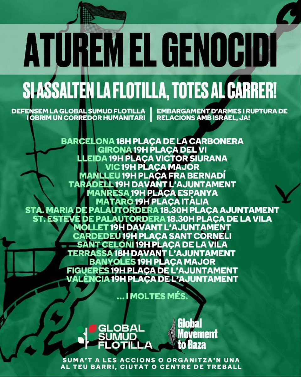 Si assalten la Flotilla, sortim als carrers!

Mobilitzat contra el genocidi!

No hi faltis! 

#AturemElGenocidi
#FreePalestine 
#BoicotIsrael
