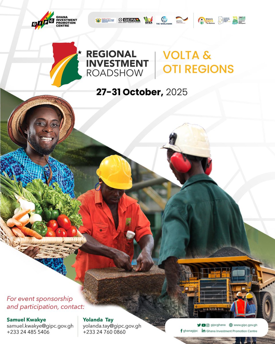 gipaghana's tweet photo. The GIPC is excited to announce the upcoming Regional Investment Roadshows, which kick off in the Volta and Oti Regions this month. 

This project aims to drive local investment by promoting the vast potential of these regions.

For event sponsorship and participation, kindly contact samuel.kwakye@gipc.gov.gh
(+233 24 485 5406) or yolanda.tay@gipc.gov.gh
(+233 24 760 0860)

#voltaregionghana #otiregion #roadshow #ghanaisopenforbusiness #gipc