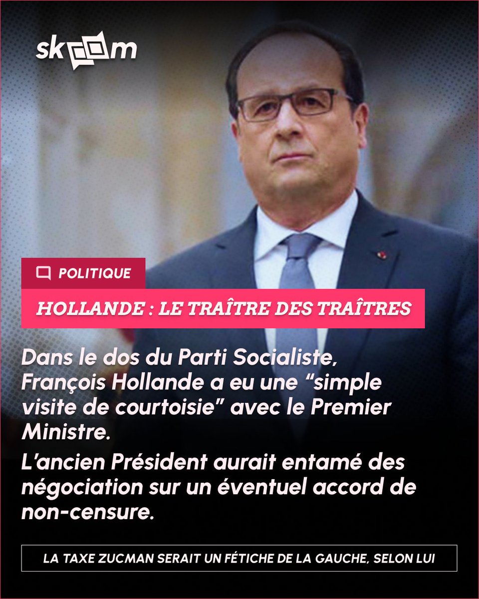 🐍 ALERTE - HOLLANDE TRAHIT LE PS !

Dans le dos du #PS, François #Hollande a négocié un accord de non-censure avec le Premier Ministre #Lecornu. Il sabote l'opposition pour protéger Macron.

Son excuse : la taxe Zucman n'est qu'un "fétiche". Le saboteur en chef est de retour.