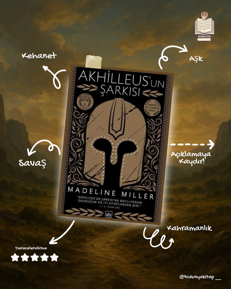 bidunyakitap__'s tweet photo. Madeline Miller’ın Akhilleus’un Şarkısı (orijinal adı The Song of Achilles), klasik mitolojiyi şiirsel ama derin bir duygu dünyasıyla yeniden yorumlayan bir roman. Homeros’un İlyada’sında periferik kalan karakterleri, özellikle Patroklos ve Akhilleus’un ilişkisini, insanî yönleriyle, psikolojik çatışmalarıyla, aşk ve kader ekseninde ele alıyor. Bu güzel eseri beraber incelemeye var mısınız ?
7 Ekim  Salı günü saat 21:00 de sizleri bekliyoruz 😎
Katılım İçin ; https://t.co/BsYUikxfx8

#AkhilleusunŞarkısı
#MadelineMiller #Mitoloji 
#KitapÖnerisi #BirDünyaKitap