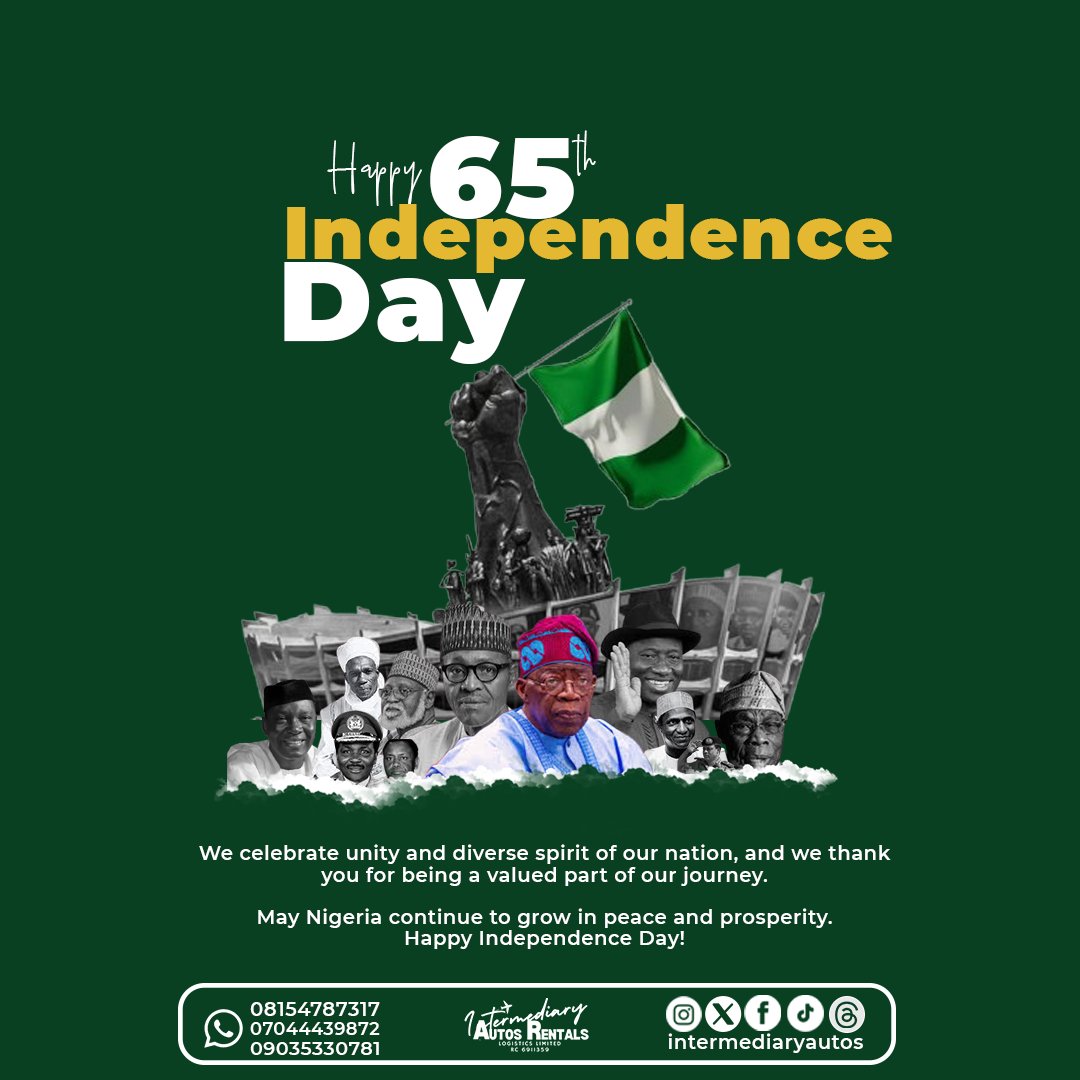 intermeautos's tweet photo. We celebrate unity and diverse spirit of our nation, and we thank you for being a valued part of our journey.

May Nigeria continue to grow in peace and prosperity.
Happy Independence Day!

#independence #nigeriaindependence #naija #intermediaryautos #intermediaryautorentalslo https://t.co/LcjhAQ14JU