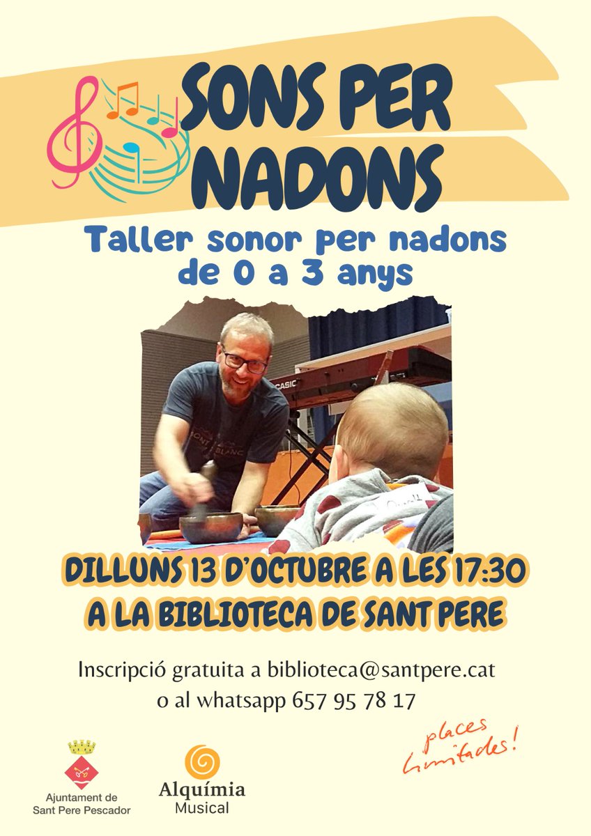 🎶 Atenció, famílies! Taller de massatge sonor per als més menuts (de 0-3 anys) amb Alquímia Musical!
📅 Dilluns 13 d’octubre · 17.30 h
📍 Biblioteca (2n pis del Casal)

ℹ️ Inscripcions: biblioteca@santpere.cat
 · 657 95 78 17