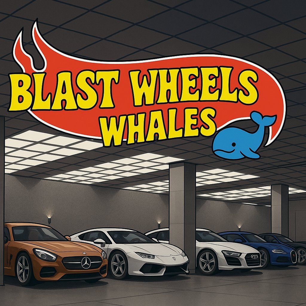 Blast Wheels Whales promo featuring luxury cars in a garage with a cartoon whale