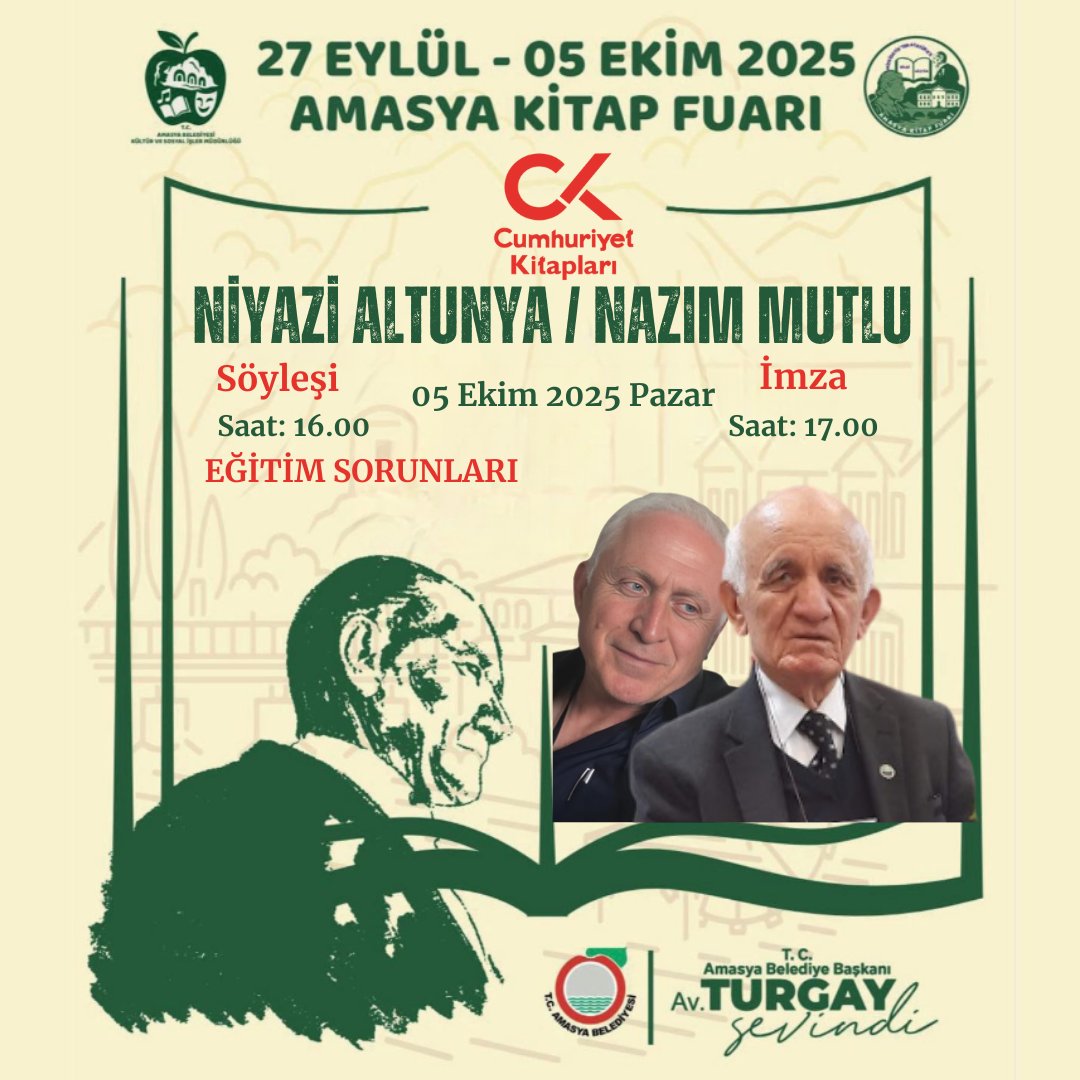 CUMHURİYET YAZARLARI AMASYA’ DA!
4-5 EKİM 2025 tarihlerinde  yazarlarımız Cumhuriyet Kitapları standında okurlarıyla buluşacak.

Tüm okurlarımızı standımıza bekliyoruz.