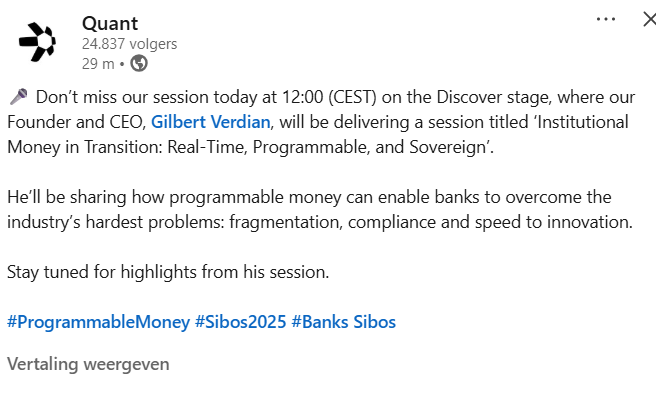oneandonlyseb's tweet photo. $QNT Stay tuned!! 

The man of the hour @gverdian will grace the stage @Sibos  at 12:00 (CEST) https://t.co/WrLigHeKBQ
