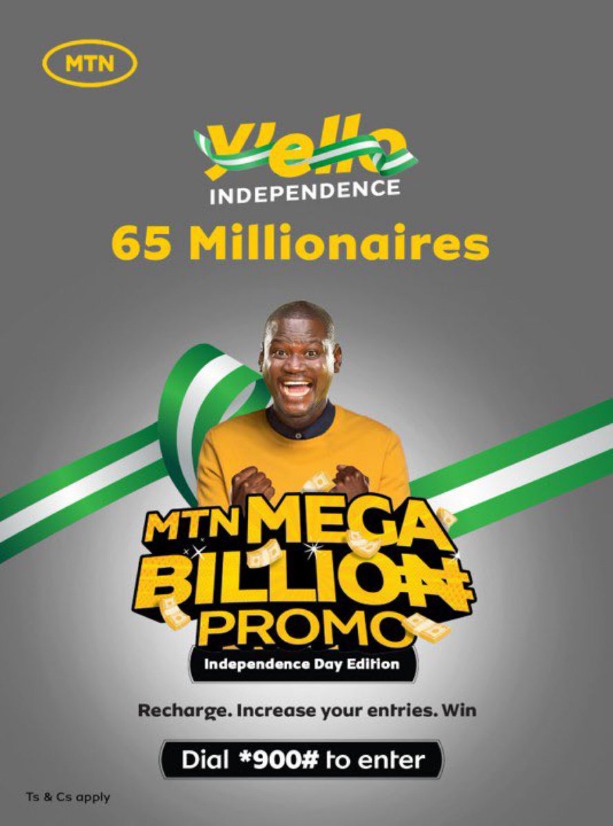 Did you know that MTN wants to make 65 Nigerians millionaires today?
Dial *900# to opt in and recharge your line with minimum of 100 naira 🤝🤝

All it takes is a simple ₦100 recharge to be eligible. 😁
#MTNMegaBillion #65mfor65Nigerians