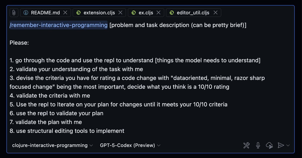 pappapez's tweet image. Here's a prompt I'm experimenting with to one-shot semi-big #Clojure coding tasks with @code Copilot. It relies on the Clojure Interactive Programming Collection available at the Awesome Copilot repository.
See comments for some tips + links + the text for this prompt.