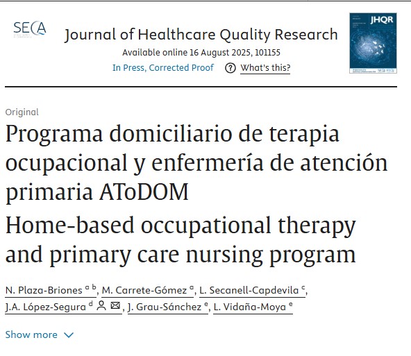 🆕Publicació dels resultats d'un estudi que valora l'impacte del treball col.laboratiu entre #Infermeria i #TeràpiaOcupacional, a partir de la incorporació de la figura de la terapeuta ocupacional a l'equip d'ATDOM del CAP Vila Olímpica 

sciencedirect.com/science/articl…