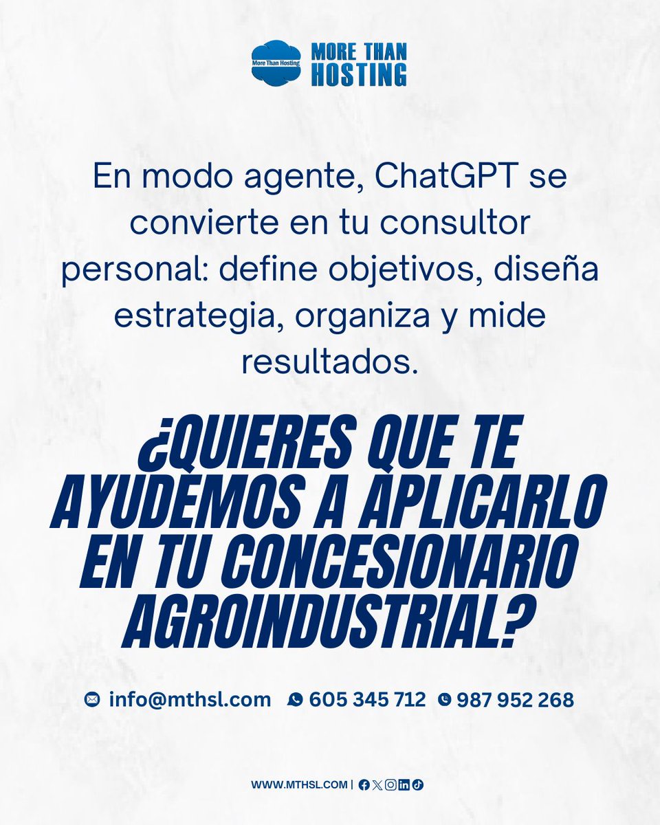 ChatGPT puede trabajar en modo normal (responde lo que le preguntas) o en modo agente 🚀 (analiza tu negocio, define estrategias y te asesora para vender más 🌾). ¿Quieres aplicarlo en tu concesionario agrícola? 👉 instagram.com/mth_oficial/
