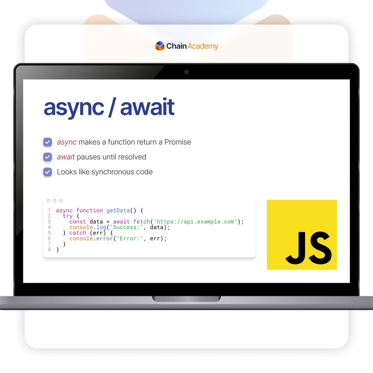 chainacademy_'s tweet image. Stop waiting, start coding! 🚀
Asynchronous JS is essential for building fast, responsive apps. Which method is your favorite: Promises or async/await? Let us know! 👇
#JavaScript #JavaScriptTips #LearnToCode #ChainAcademy #LimitlessLearning