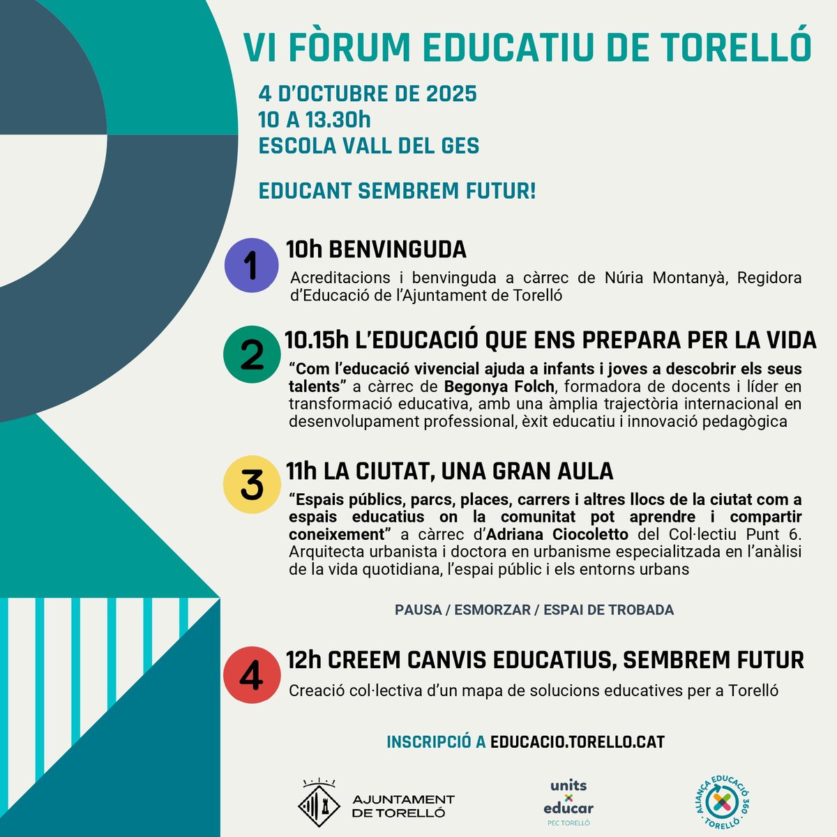 📢 Inscripcions obertes pel VI Fòrum Educatiu de #Torelló!

📅 Dissabte 4 d'octubre
🕙 De 10 a 13.30 h
📍 Escola Vall del Ges

🙌 Entrada lliure i oberta a tothom.
T’hi apuntes? 
💬 educacio.torello.cat