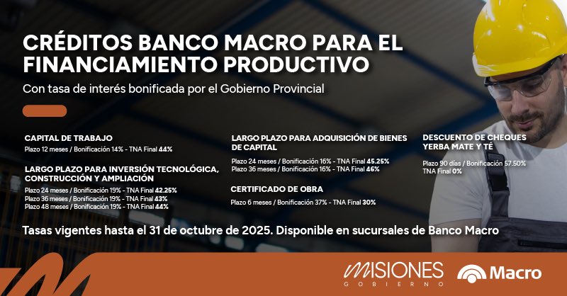 #CréditosProductivos #Misiones 
EL GOBERNADOR DISPUSO UN AUMENTO EN LA BONIFICACIÓN DE LAS TASAS DE INTERÉS DE LOS CRÉDITOS PRODUCTIVOS DE BANCO MACRO Y ASÍ QUEDARON LAS TASAS DE INTERÉS NETAS AL SECTOR PRODUCTIVO

Frente a un escenario macroeconómico inestable a nivel nacional,