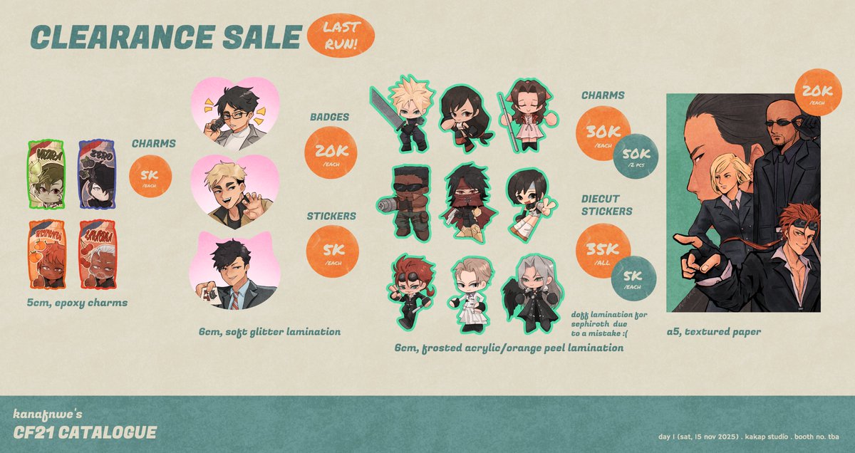 hello i am opening batch 1 of my #cf21 merch!  

📅 1 oct - 8 oct
💌pick up (day 1) &amp; mail orders  
🐟circle: kakap studio
💝oc zine, ffxiv, ff7, mcr, dragon age, haikyuu, re4, tolkien, movies, wol trades
 🔗forms.gle/aApd2nM4cPUwGa…
1/2 #comifuro21 #cf21catalogue