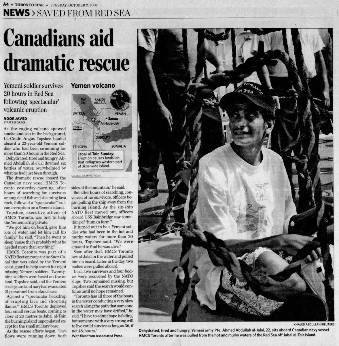 #OTD 1/10/2007 #RememberRCN -HMCS TORONTO operating as part of Standing NATO Maritime Group 1 in the Red Sea rescues 1 of 8 Yemini soldiers, forced into the water by an erupting volcano from the island of Jazirt Atta-Ir.