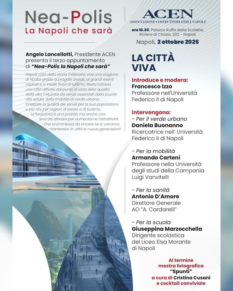 ACENapoli's tweet photo. Domani, giovedì 2 ottobre, alle 16.30, si terrà in #Acen il terzo appuntamento di Nea-Polis la #Napoli che sarà. Titolo del focus: "La città viva". Un'occasione per riflettere sulla #qualità della vita e le #sfide che la città deve affrontare. https://t.co/E8cTQ0aaWz