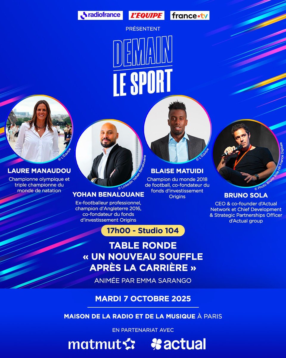 lequipe's tweet image. 💪 « Un nouveau souffle après la carrière », trois champions, Laure Manaudou, Blaise Matuidi et Bruno Sola viendront partager leur expérience de l’après-carrière.
📅 Rendez-vous le 7 octobre pour une journée d’échanges et de réflexions autour de l’avenir du sport avec le thème «…