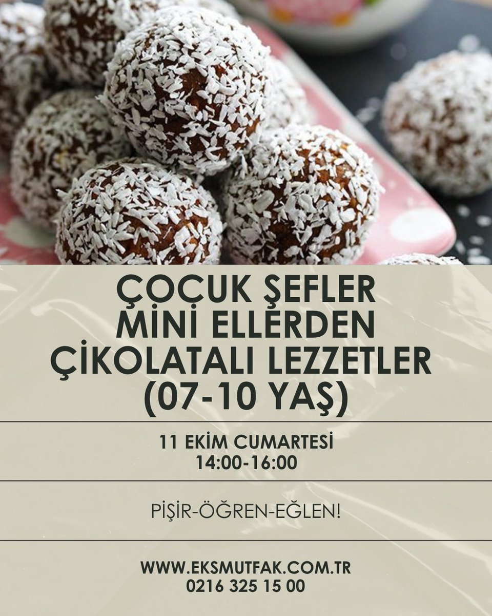 Sevdiklerinizde keyifli vakit geçirmek, yeni bir hobi edinmek, kendinizi mutfakta geliştirmek istiyorsanız bu haftaki workshop takvimimiz sizin için!

 🥯 7 Ekim Salı: Gün Tadında Lezzetler
🍝 9 Ekim Perşembe: Taze İtalyan Makarnaları ve Sosları
🍫 11 Ekim Cumartesi: Çocuk Şefler