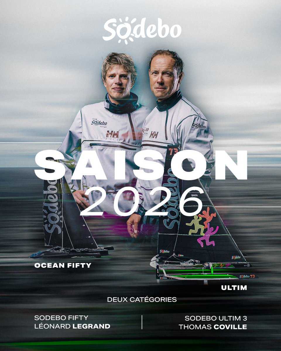 UltimBoat's tweet image. #Ultime #UltimTeam #OceanFifty #Annonce

Deux trimarans Sodebo au départ de la Riute du Rhum 2026. L'Ultim Sodebo Ultim 3 pour Thomas Coville et l'Ocean Fifty Sodebo Fifty pour Léonard Legrand, pure "produit" du Team Sodebo. Visiblement le trimaran sera le plan VPLP Crêpes Whaou3