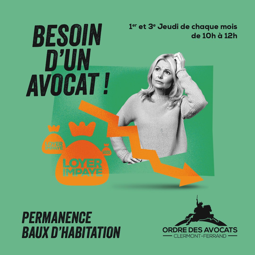 La permanence Baux d’Habitation, c’est désormais les 1er Jeudi et 3e Jeudi de chaque mois !
Si vous avez un besoin, vous pouvez venir rencontrer gratuitement un avocat ce Jeudi de 10 h à 12h à la Maison de l’Avocat, au 9 rue Lamartine à Clermont-Fd.
Gratuit et sans rendez-vous.