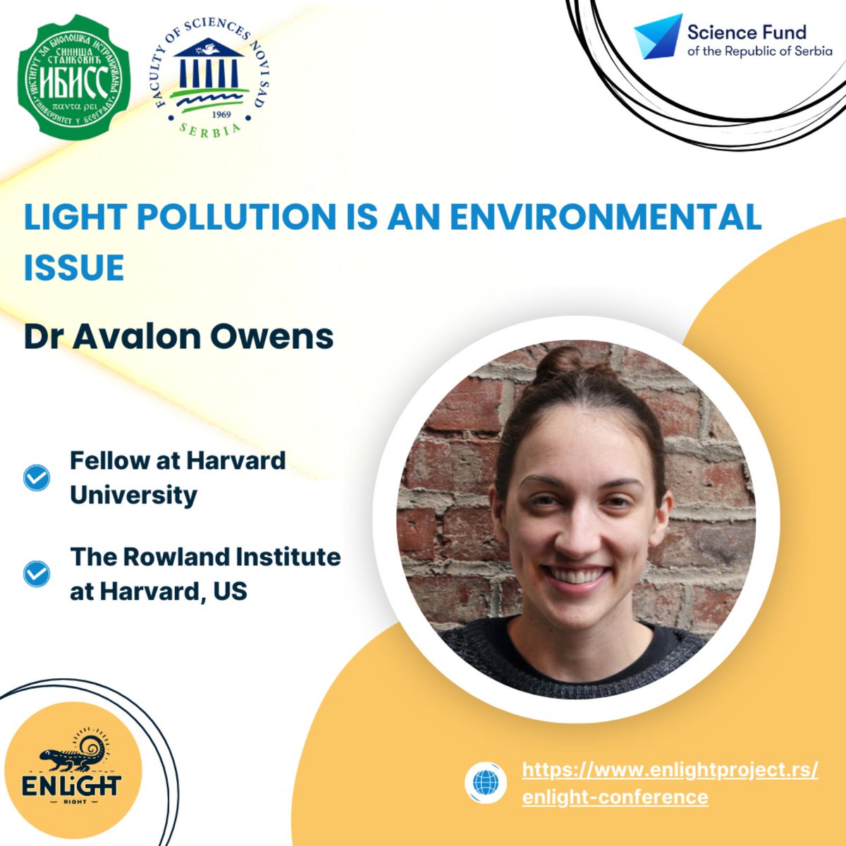 💡ENLIGHT Plenary Speaker💡 

We’re delighted to welcome Dr Avalon Owens (Fellow at Harvard University, The Rowland Institute, US) as a plenary speaker at our conference! 🎉

📌 Plenary Talk: Light pollution is an environmental issue

#lightpollution #ALAN