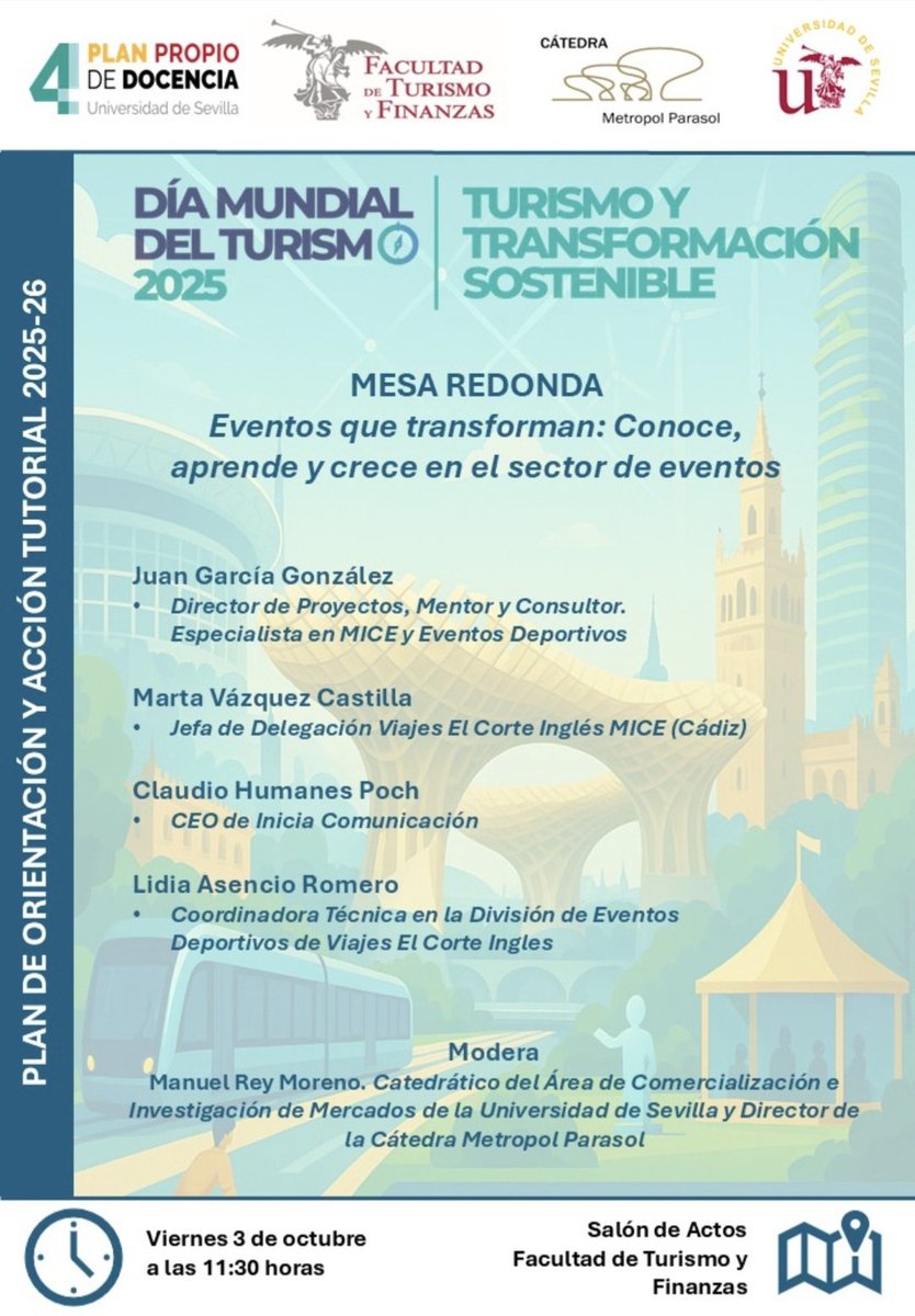 ¿Por qué las ciudades buscan proyectarse como referencias en el mundo de los eventos? ¿Cómo conseguirlo? Las respuestas a estas preguntas las tendrás este  viernes día 3 de octubre por la mañana en <a href="/us_ftf/">Facultad de Turismo y Finanzas</a> con <a href="/CatedraMetropol/">Catedra Metropol</a> <a href="/unisevilla/">Universidad de Sevilla</a>