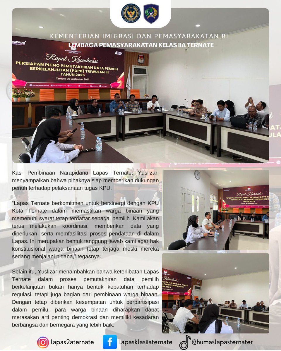 lapasternate's tweet photo. Lapas Ternate Hadiri Rapat Persiapan Pleno PDPB KPU Kota Ternate https://t.co/niMD5zrffp