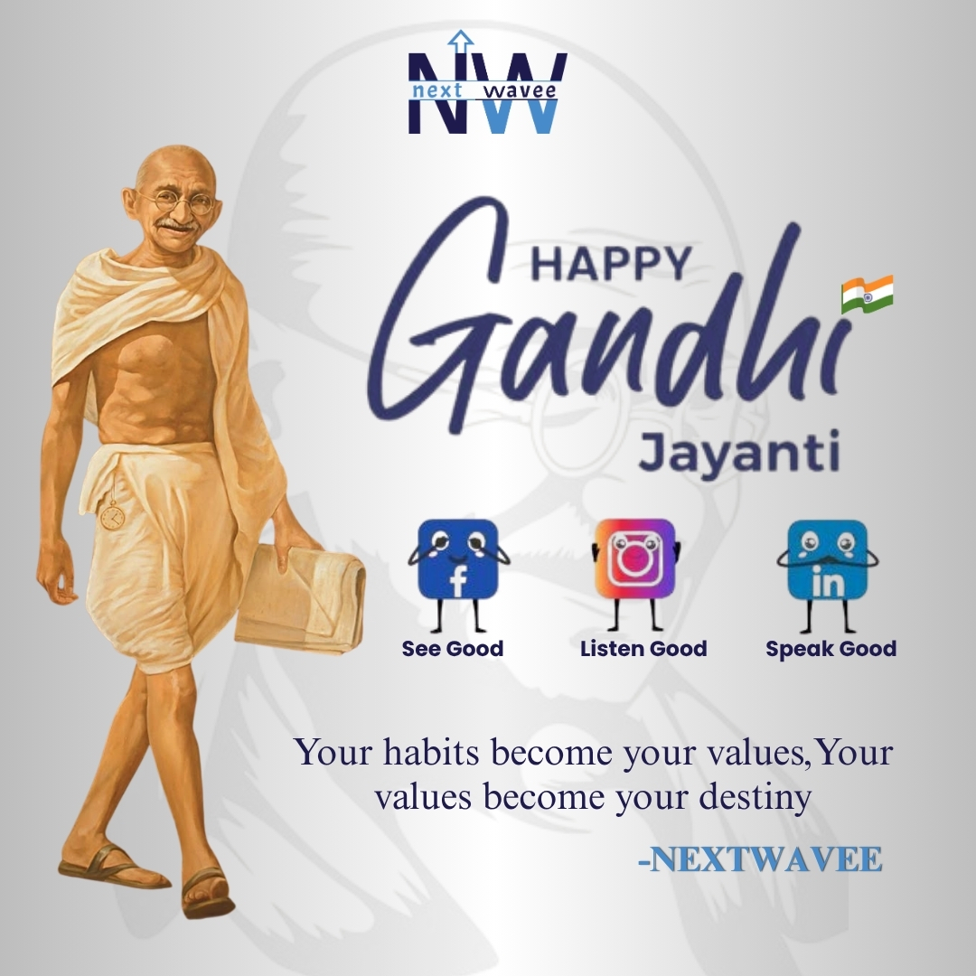 next_wavee's tweet image. 🌿 On this #GandhiJayanti2025, let’s honor Bapu’s path — See Good, Listen Good, Speak Good. 🙌
“Your habits become your values, your values become your destiny.” ✨
Wishing peace &amp;amp; purpose from #NextWavee 🕊️

#GandhiJayanti #MahatmaGandhi #PeaceAndNonviolence #BapuJayanti
