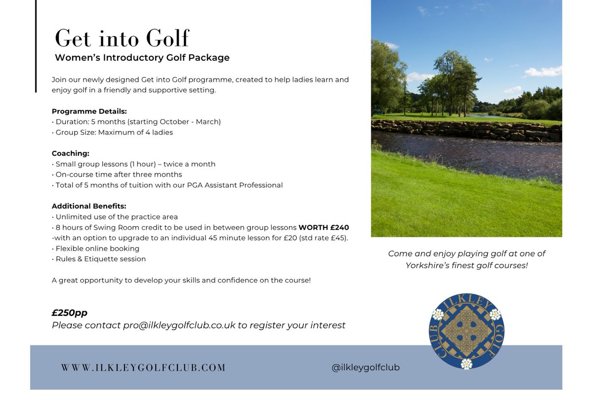 IlkleyGolfClub's tweet photo. Great news for ladies who want to get into golf.

Our Ladies Beginner Golf, winter programme, is now open.
If you’re interested, please get in touch with a member of our friendly Professionals team on 01943 600214

#LadiesGolf #GolfBeginners #LearningGolf #GolfTuitionforBeginners https://t.co/L1PpIZVMb6