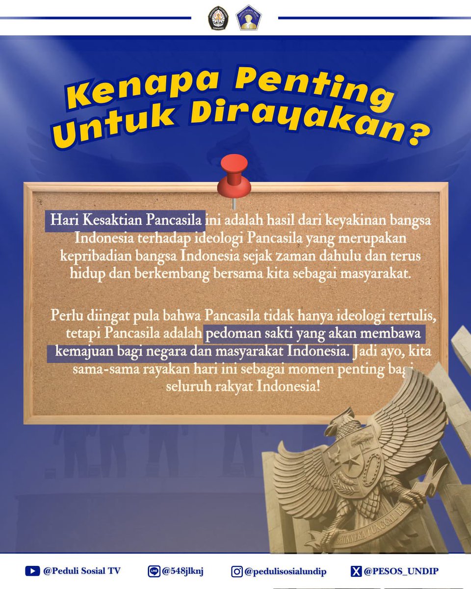 PESOS_UNDIP's tweet photo. Dengan semangat yang sama, mari kita terus menjaga arti Pancasila dalam kehidupan dengan menghargai kesetaraan, membantu, dan merangkul satu sama lain demi Indonesia yang lebih adil, bersatu, dan sejahtera! 🇮🇩 https://t.co/shKZdlFcx0
