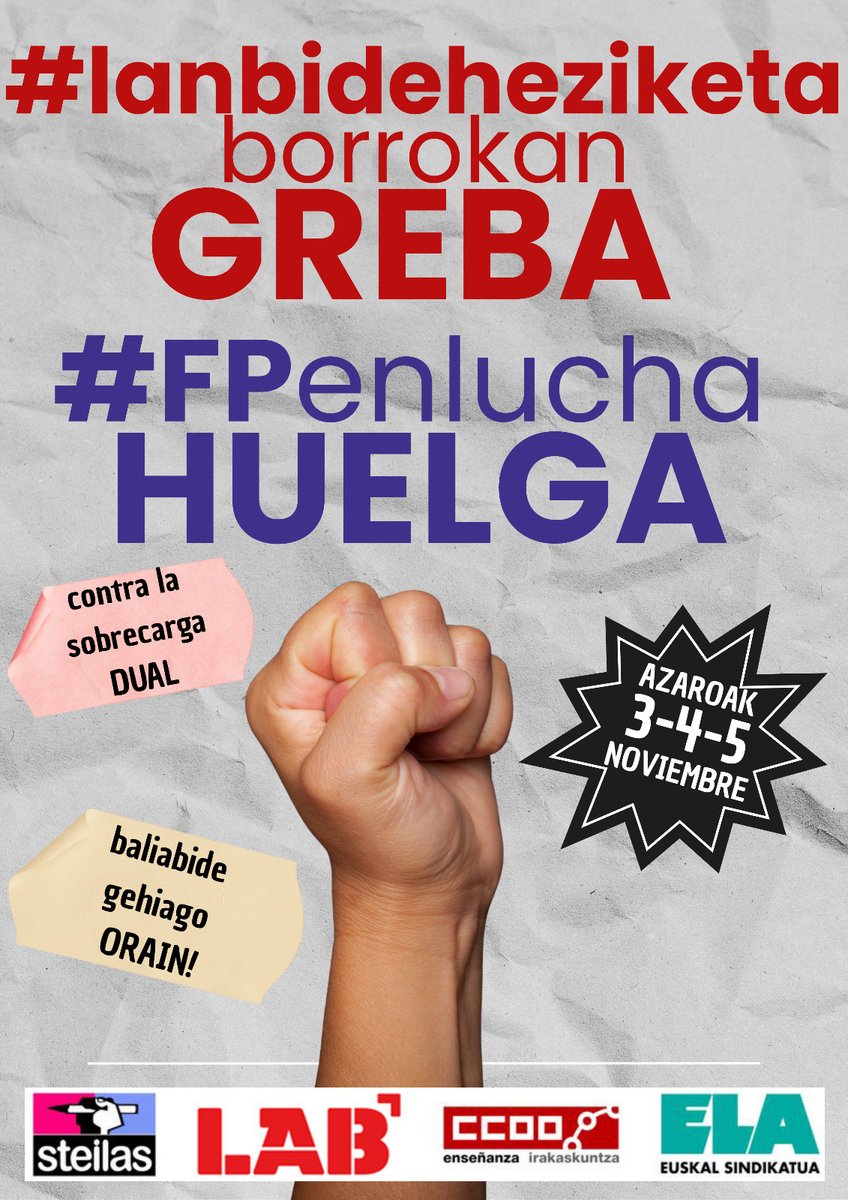 Convocamos tres días de huelga para protestar por la falta de recursos de la Formación Profesional de Navarra

Hiru greba egun kalitatezko Lanbide Heziketaren alde

Más info ✍️navarra.ccoo.es/noticia:737565
Informazio gehiago✍️navarra.ccoo.es/noticia:737565