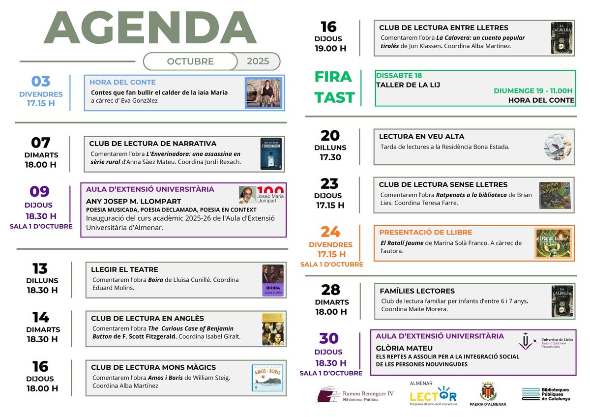 Consulteu la nostra agenda per estar al dia de tots els nostres àmbits d'acció!

🔗bibliotecaalmenar.cat/octubre/

<a href="/bibliotequescat/">Biblioteques</a> <a href="/bibliotequeslle/">Biblioteques Lleida</a> #almenarlector