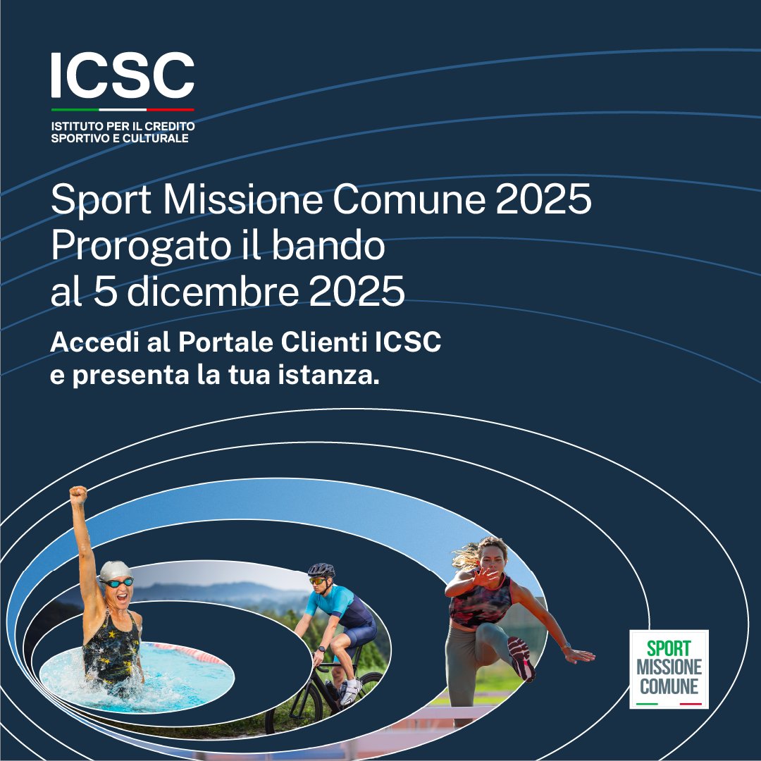 icsc_spa's tweet image. 🛎️L’Istituto per il Credito Sportivo e Culturale ha prorogato la scadenza di Sport Missione Comune 2025 al 5 dicembre 2025.

Scopri i dettagli su: bit.ly/4gQ9BWg