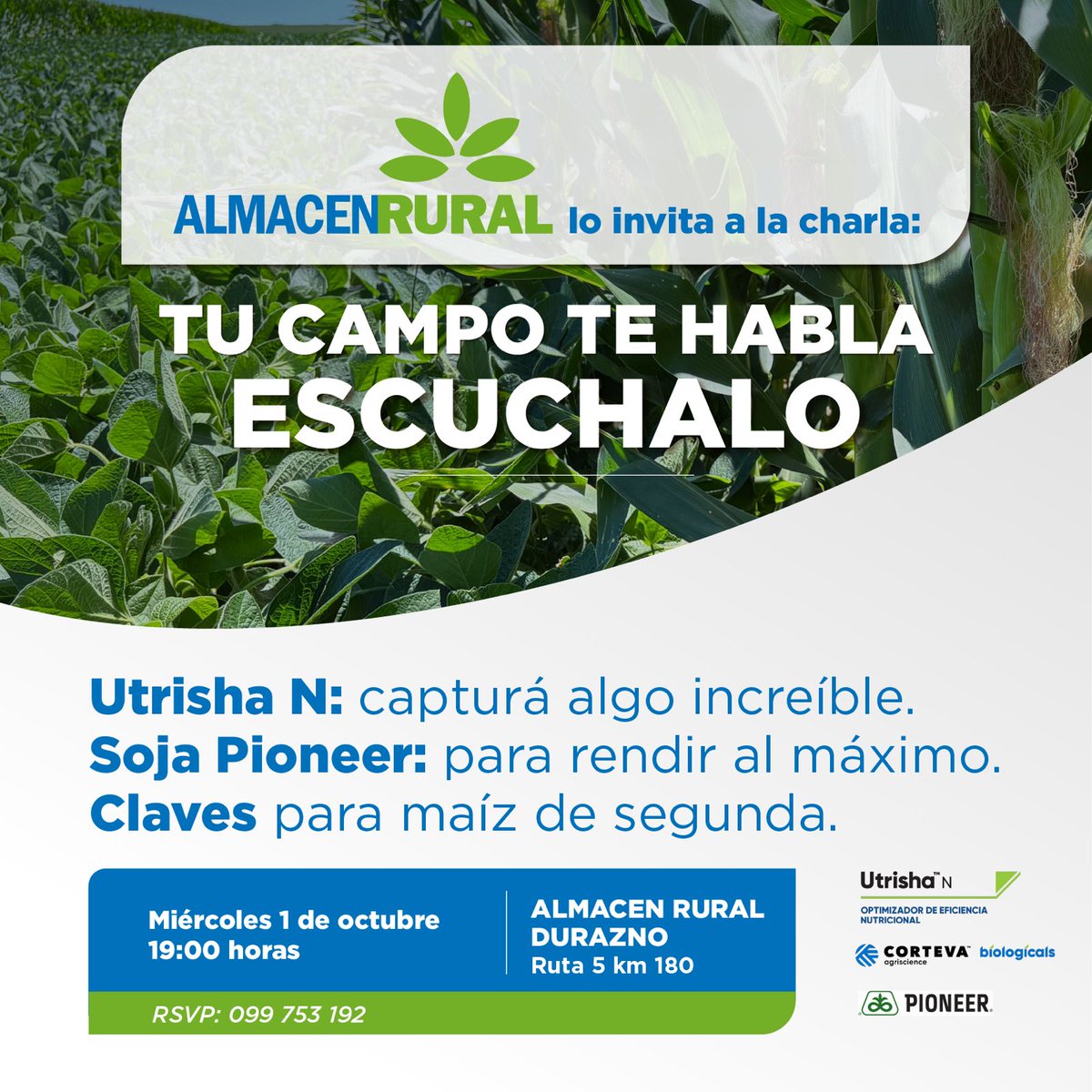 Hoy miércoles en nuestro local de Durazno los esperamos junto a <a href="/CortevaUY/">Corteva Uruguay</a> 
#almacenrural
#todoparaunpaisdecampo